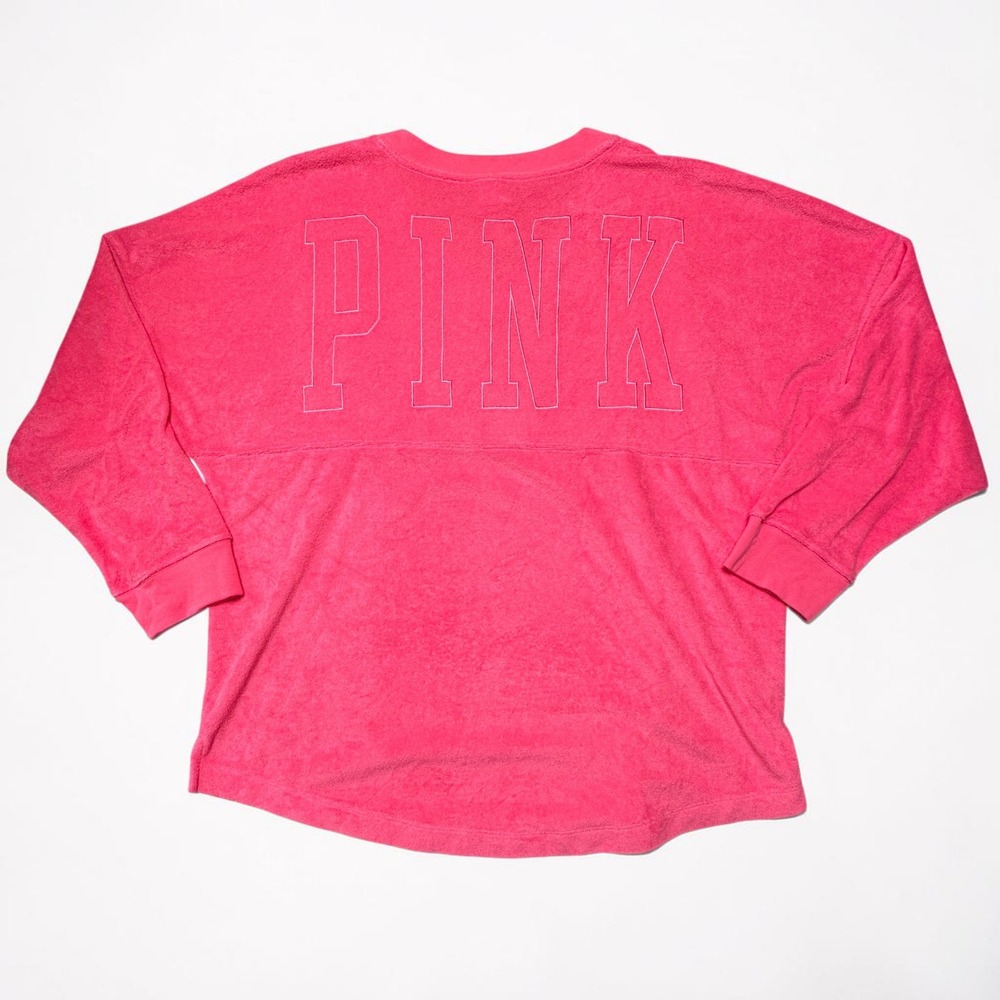 PINK Victoria's‎ Secret Terry Cloth Spirit Jersey Women L Pink V-Neck Oversized - Picture 3 of 9
